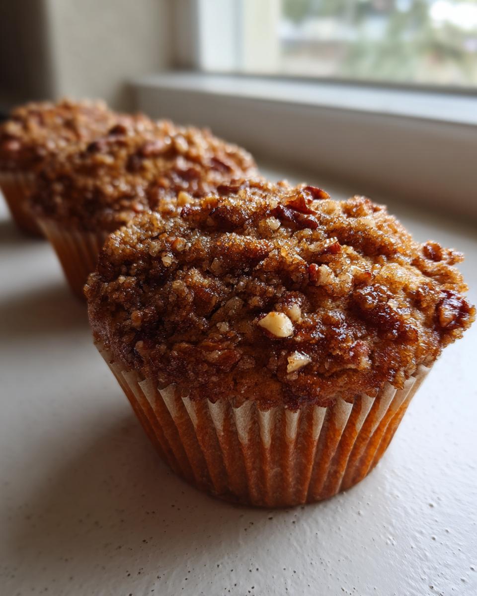 A close-up of a freshly baked pecan pie muffin topped with a rich, crunchy pecan streusel topping.