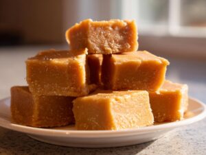 A stack of rich, golden brown penuche fudge squares piled on a small white plate.
