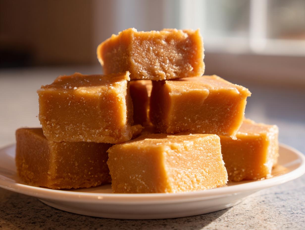 A stack of rich, golden brown penuche fudge squares piled on a small white plate.