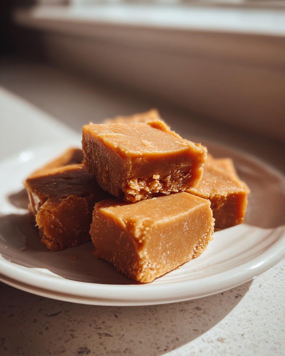 A stack of rich, caramel-colored penuche fudge squares resting on a small white plate, highlighted by sunlight.