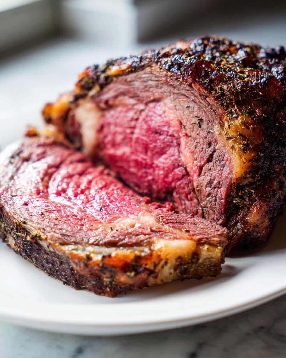 Close-up of a perfectly cooked prime rib recipe roast, showing a deep red, medium-rare center and a dark, herbed crust.