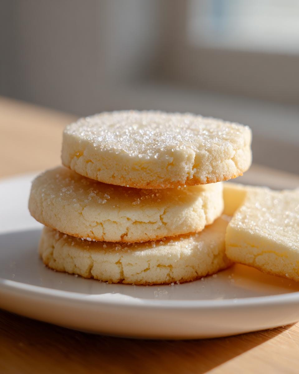 A stack of three perfectly shaped, round sugar cookie treats topped with coarse sparkling sugar.
