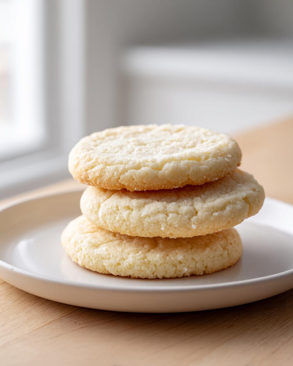 Three perfectly round, pale yellow sugar cookie rounds stacked on a white plate, lightly sprinkled with sugar.