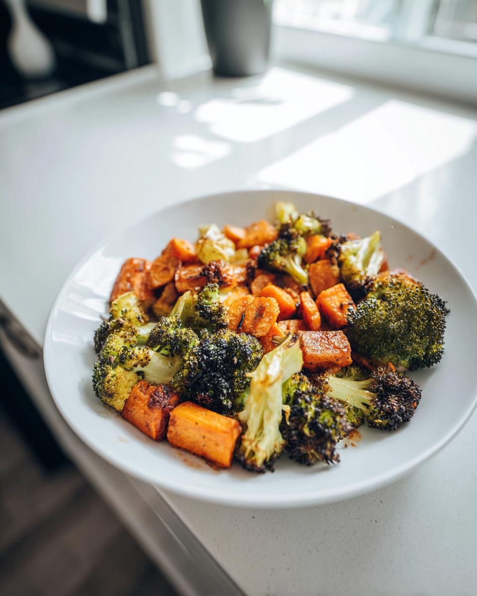 A white plate filled with perfectly cooked roasted vegetables, featuring charred broccoli florets and sweet potato chunks.