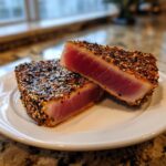 Two halves of perfectly seared ahi tuna steak, showing a deep red, rare center and a thick sesame seed crust.