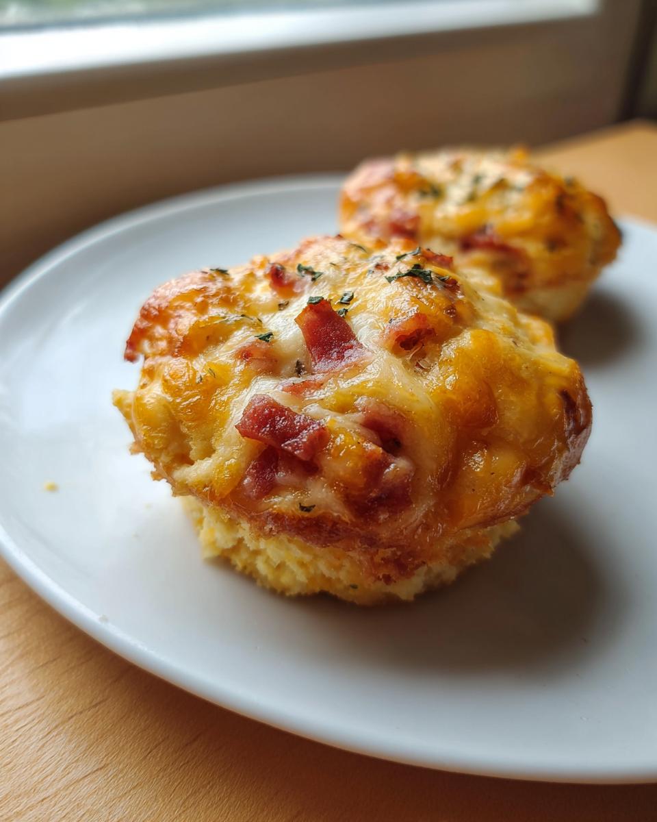 Two freshly baked pizza muffins topped with melted cheddar cheese, bacon bits, and herbs, sitting on a white plate.