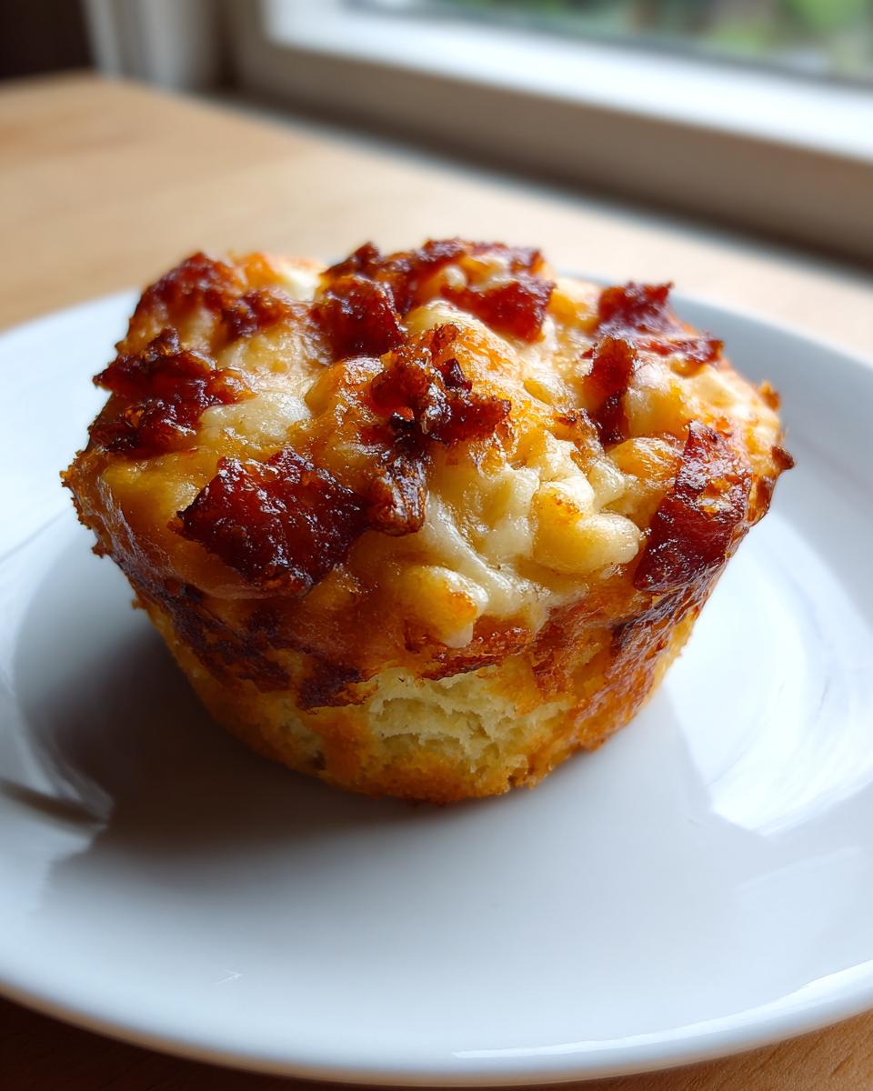 A single, golden-brown pizza muffin topped with melted cheese and crispy bits, resting on a white plate.