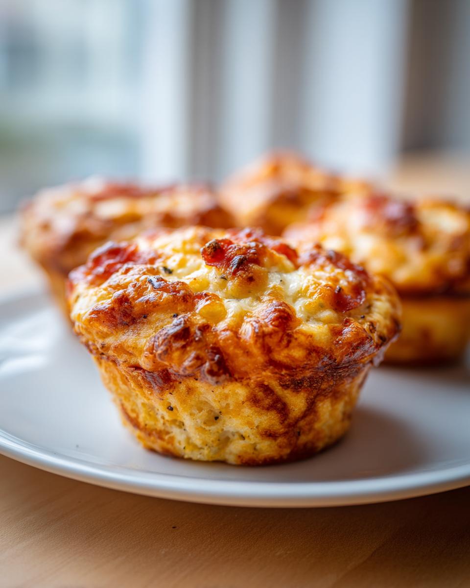 Close-up of a freshly baked, golden brown Pizza Muffins with melted cheese topping on a white plate.
