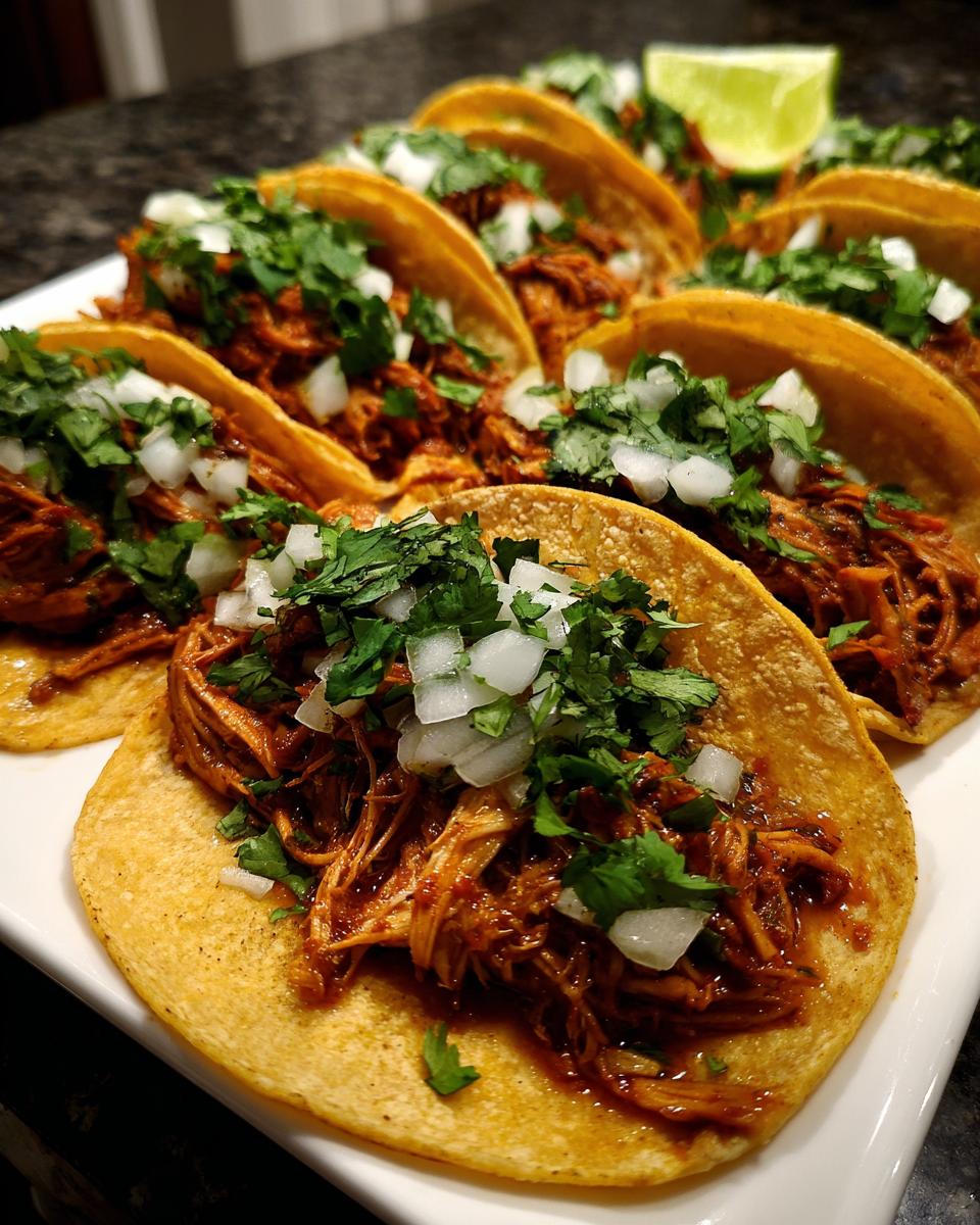 A close-up view of several authentic chicken tacos filled with shredded meat, topped with diced white onion and fresh cilantro.