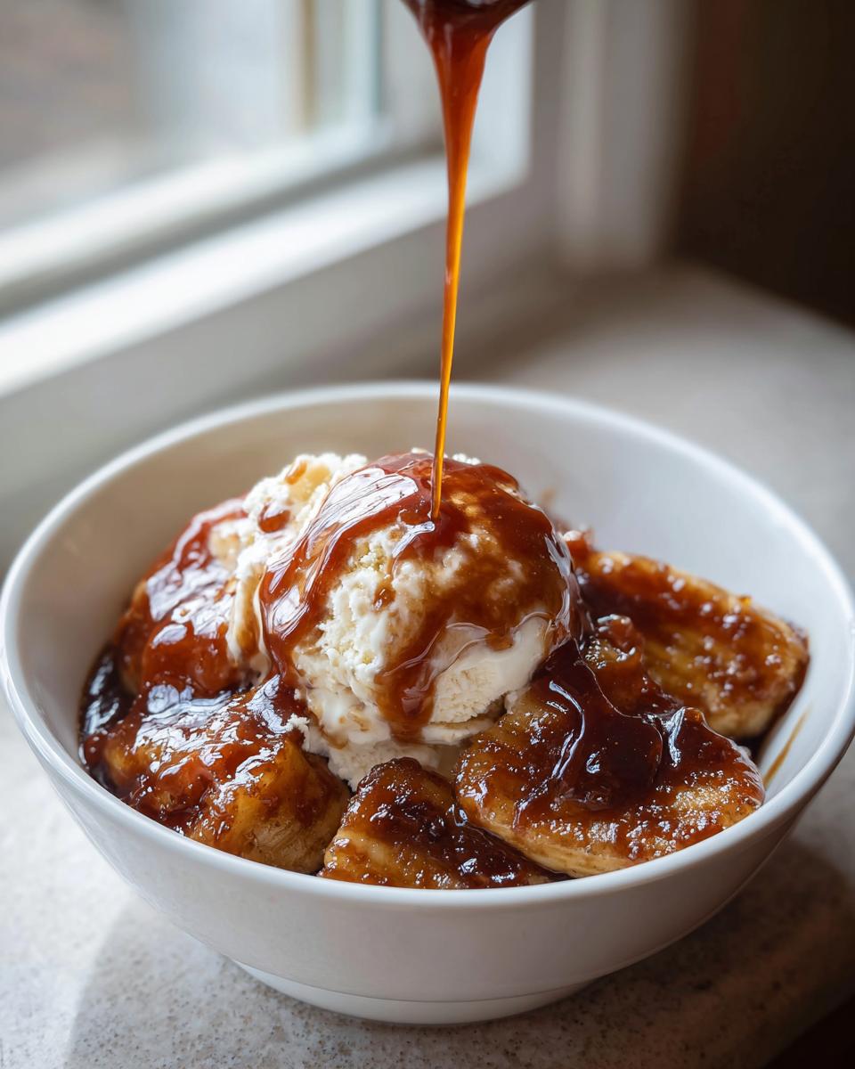 Close-up of bananas foster topped with vanilla ice cream as rich caramel sauce is poured over it.