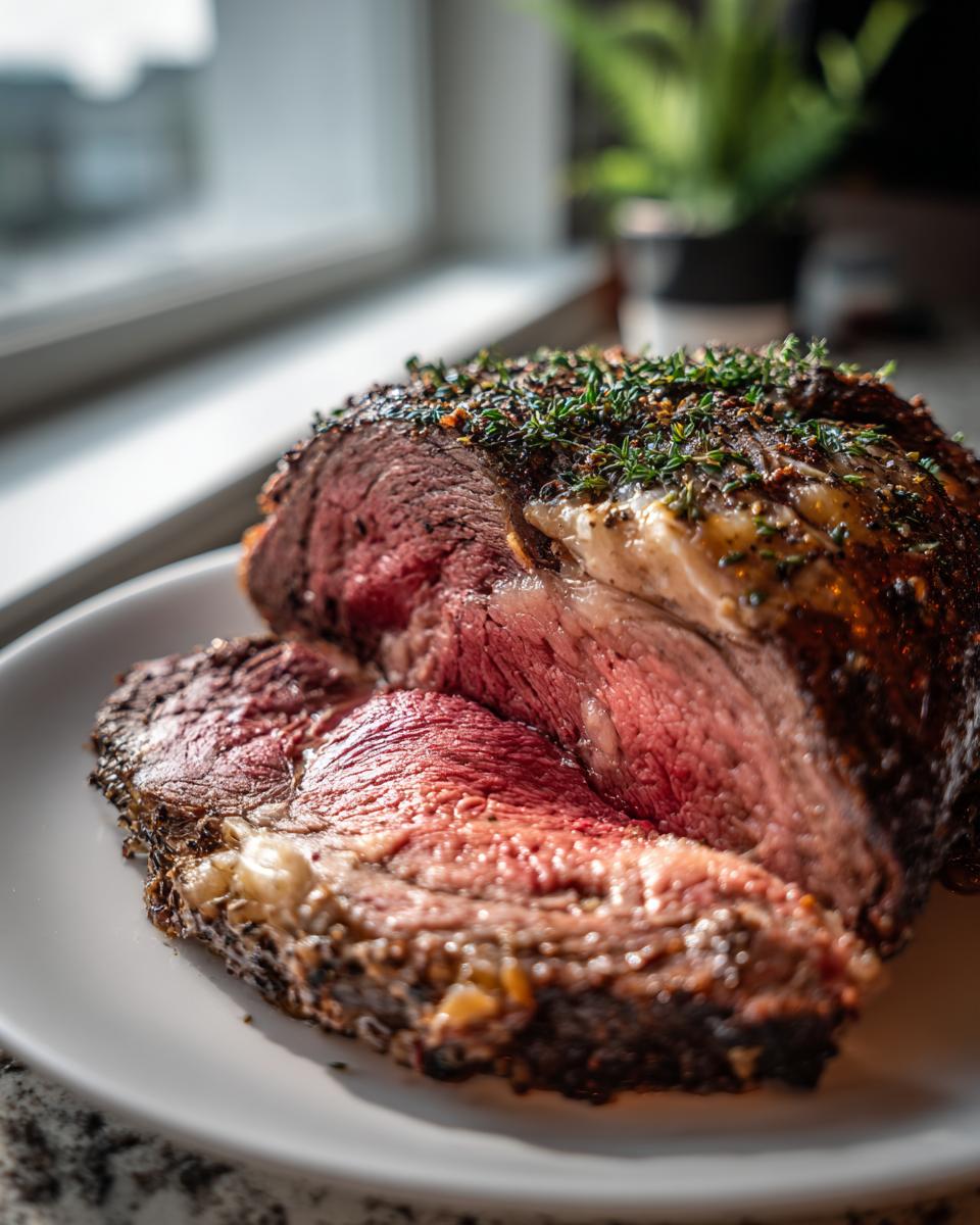 Close-up of a perfectly cooked prime rib recipe roast, sliced to show a medium-rare, pink interior and herb crust.