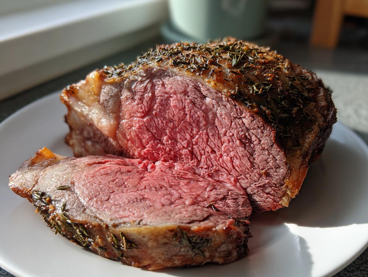 Close-up of a perfectly cooked prime rib recipe roast, showing a medium-rare pink center and herb crust.