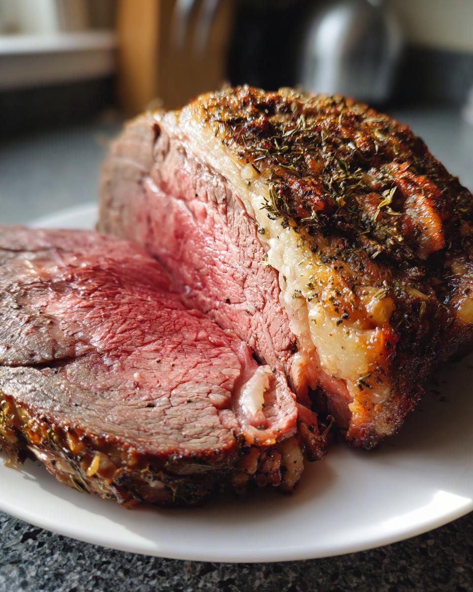 Close-up of a perfectly cooked prime rib recipe roast, showing a medium-rare pink center and a dark, herbed crust.