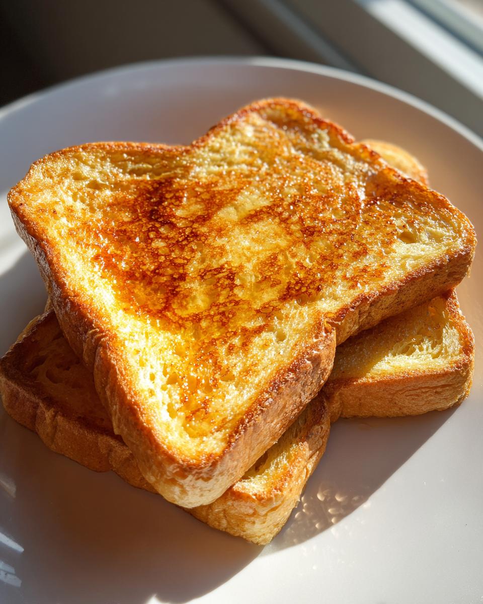 Close-up of three stacked slices of golden brown protein french toast glistening with syrup on a white plate.
