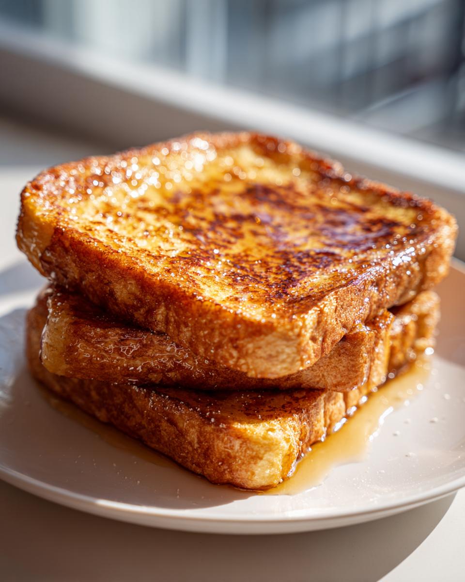 Close-up of three stacked slices of golden brown protein french toast drizzled generously with syrup.