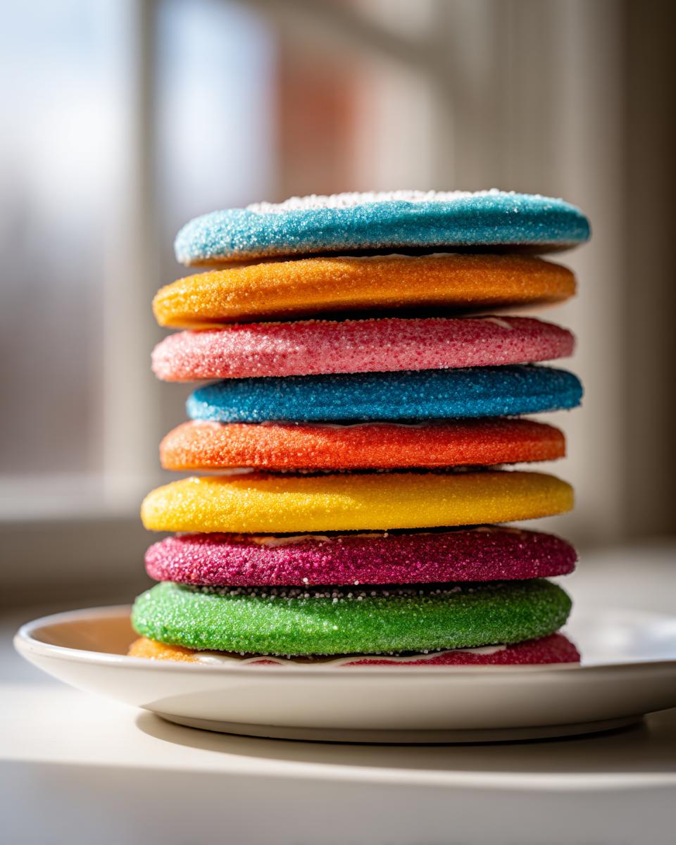 A tall stack of colorful sugar cookies topped with vibrant, sparkling cookie icing drying hard.