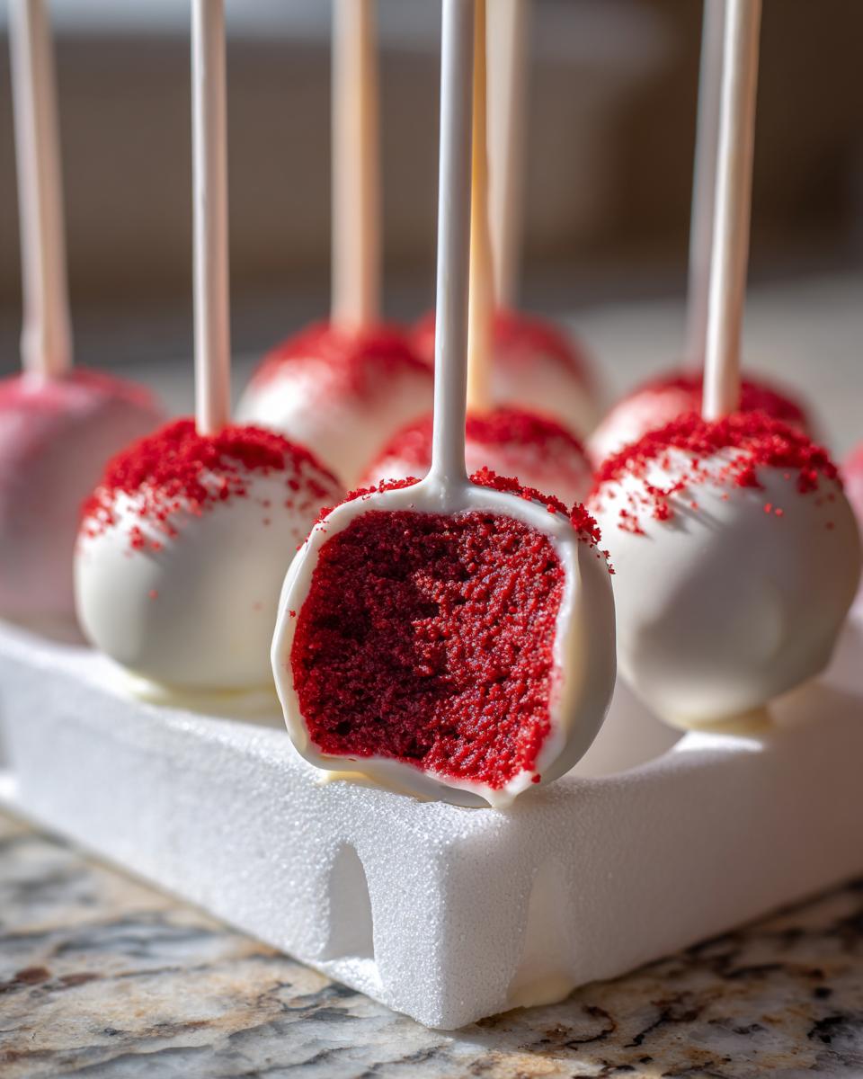 Close-up of a red velvet cake pop cut in half, showing the vibrant red interior and white chocolate coating, sprinkled with red crumbs.