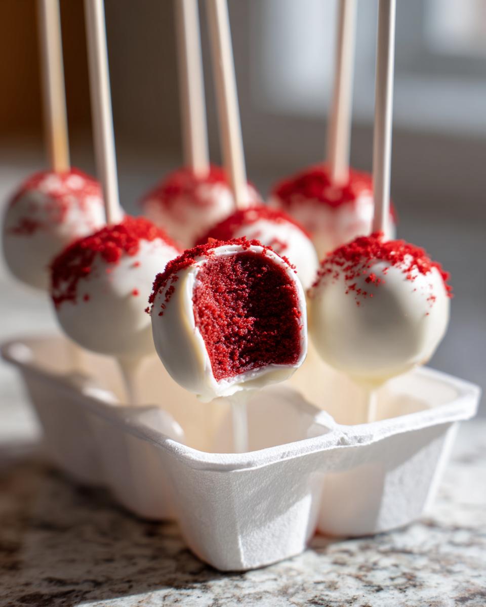 A close-up showing several red velvet cake pops dipped in white chocolate, with one cut open to reveal the vibrant red interior.