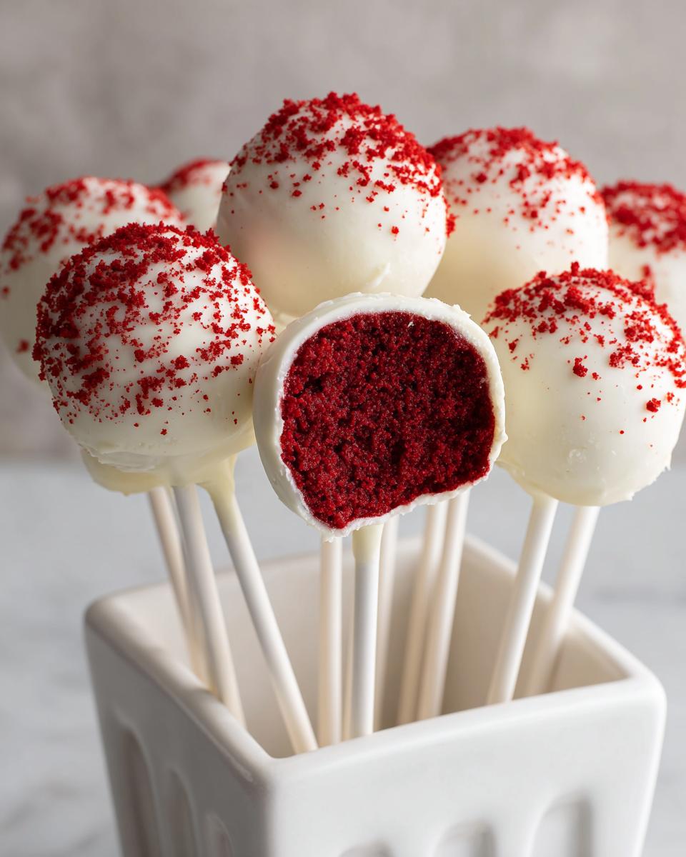 Close-up of several red velvet cake pops dipped in white chocolate, one showing the rich red interior.