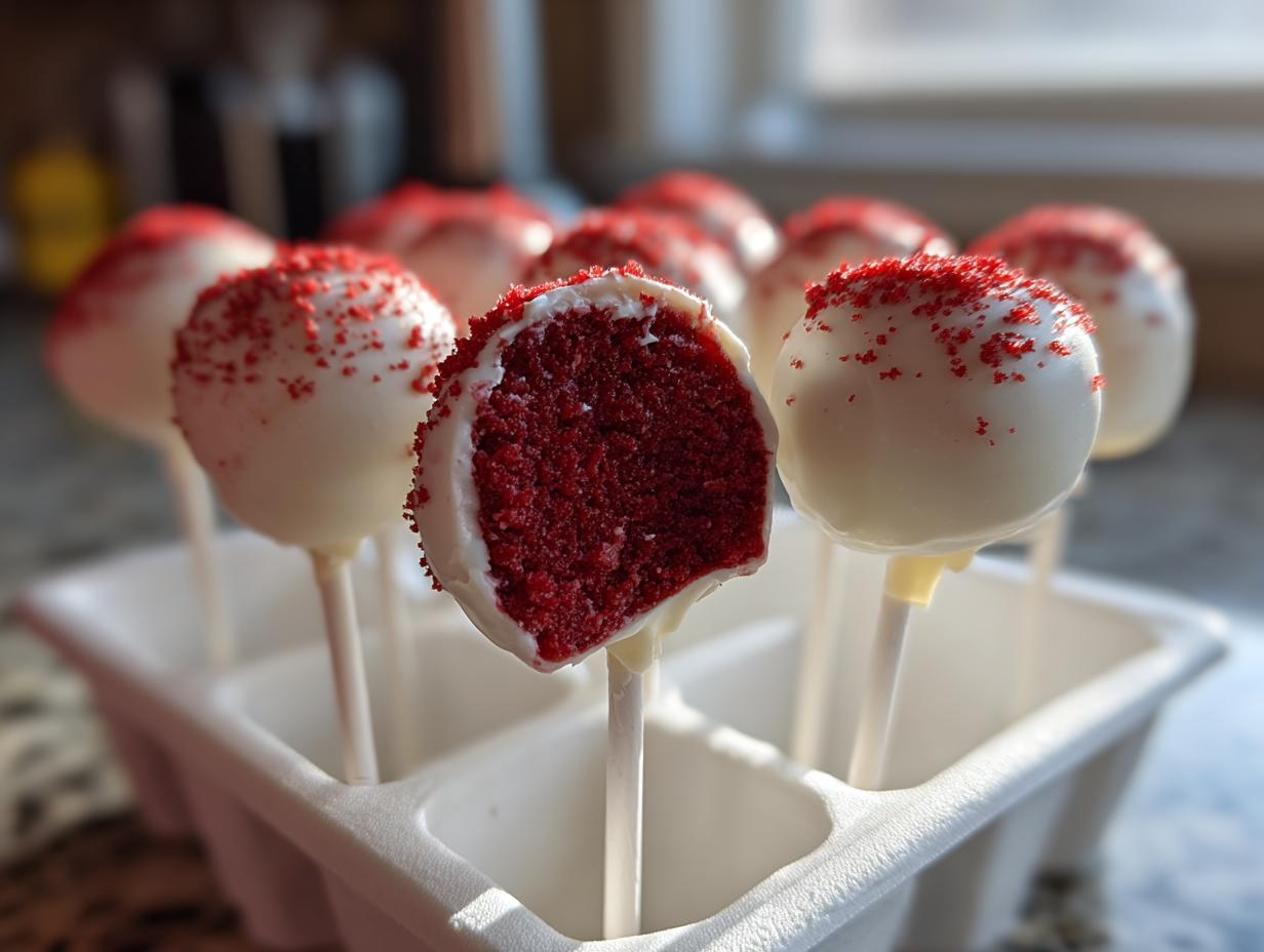 A close-up view of several red velvet cake pops dipped in white chocolate, one of which is bitten to show the rich red interior.