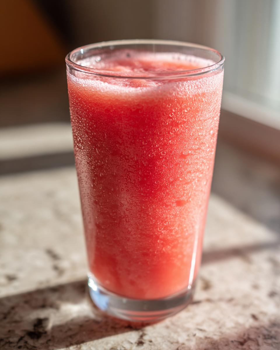 A tall, frosty glass filled with a bright red watermelon smoothie, showing condensation droplets.