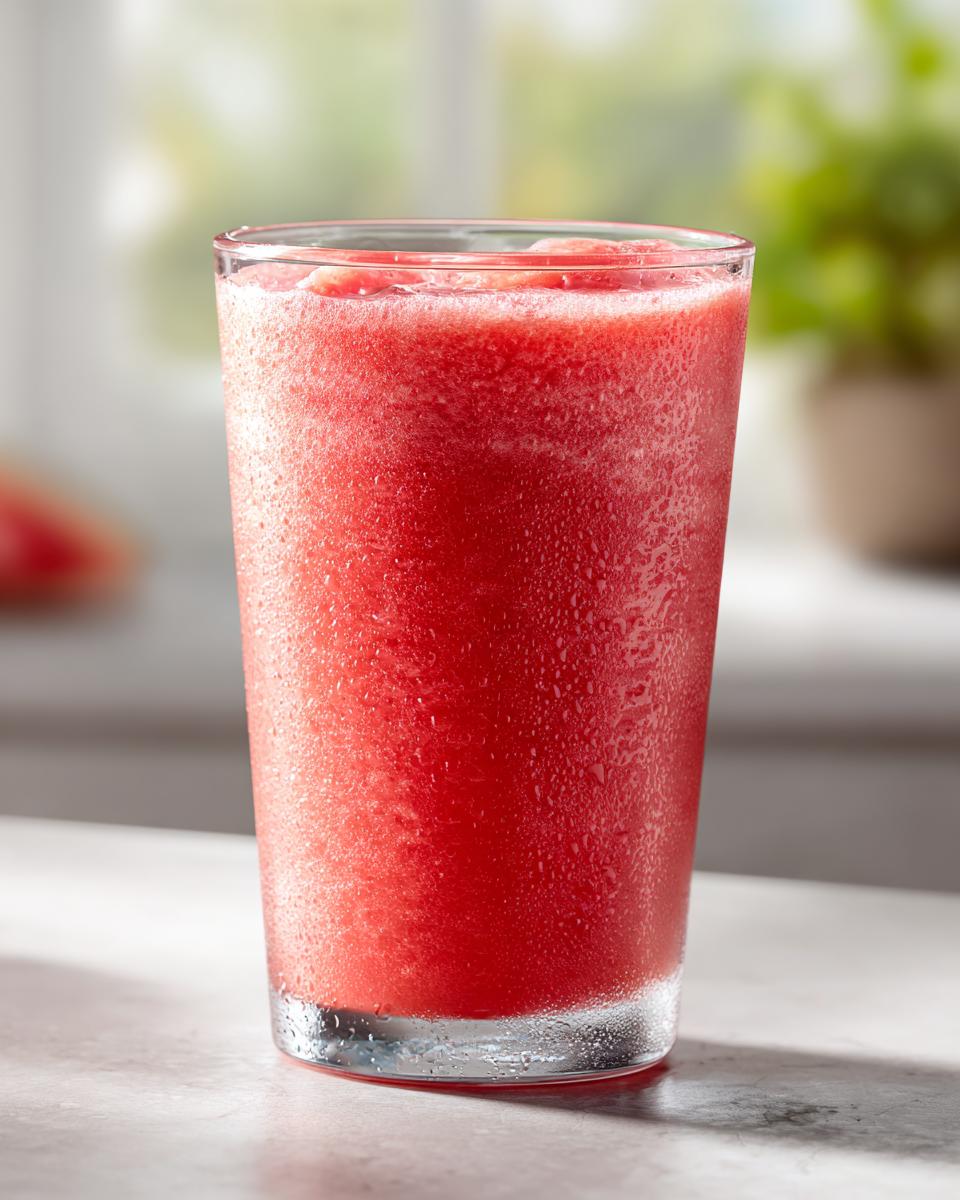 A tall, frosty glass filled with a bright red, icy watermelon smoothie, covered in condensation droplets.