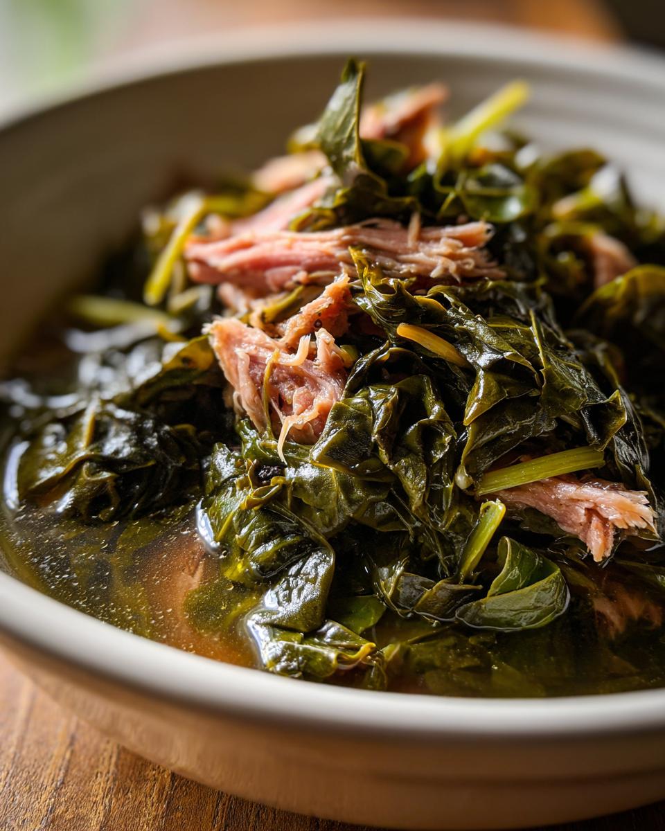 Close-up of tender, dark green collard greens served in broth, topped with shredded smoked pork.