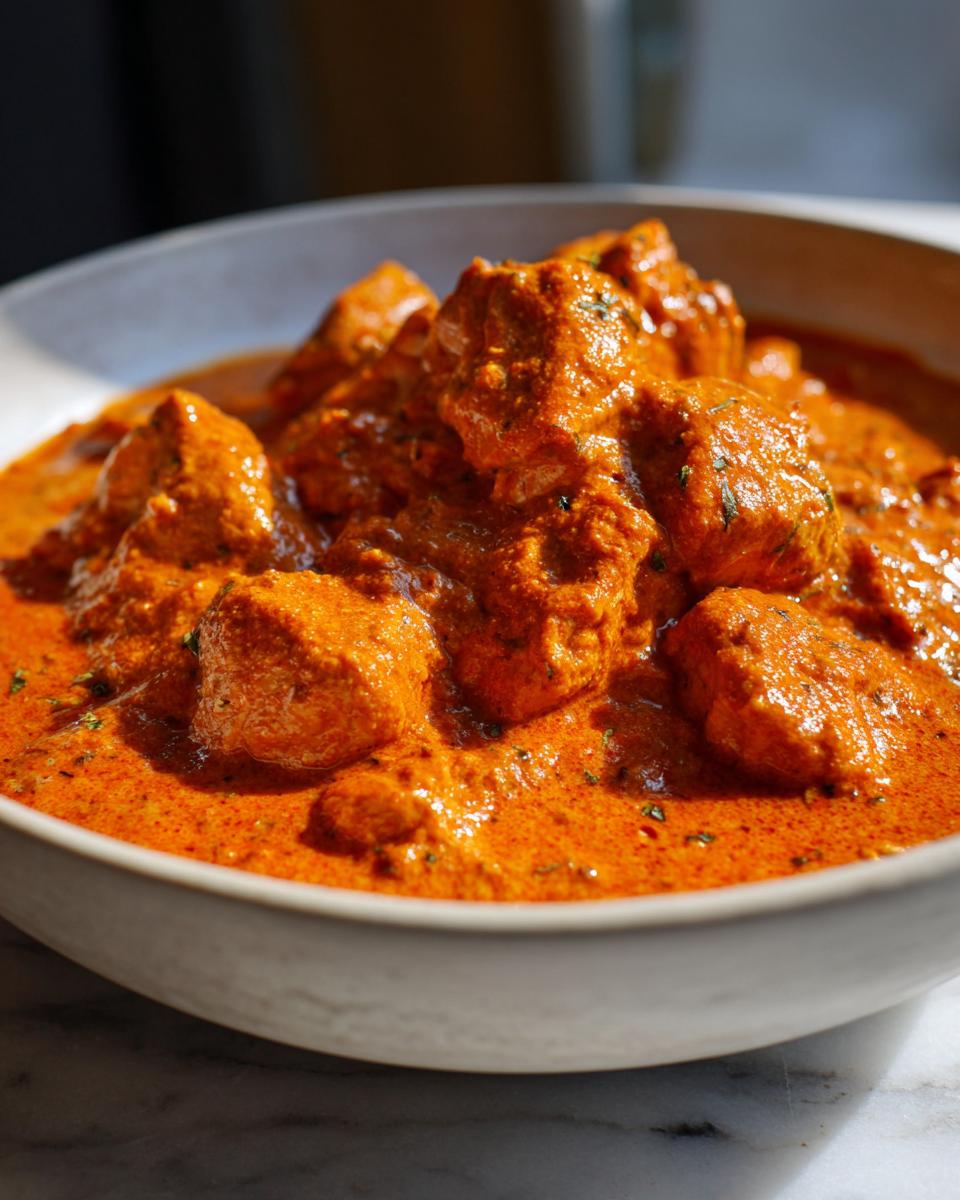 Close-up of tender chicken pieces coated in a vibrant, creamy orange sauce, showcasing the rich texture of butter chicken.