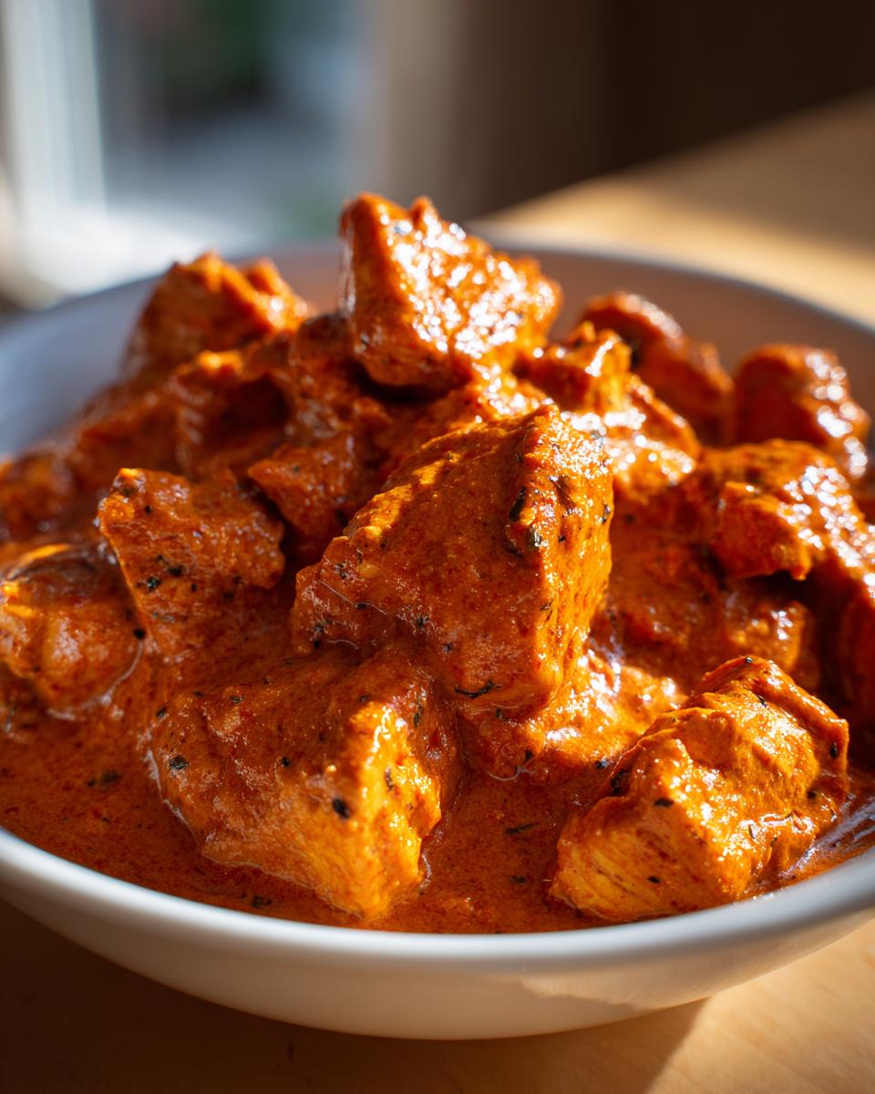 Close-up shot of tender chicken pieces coated in rich, orange-red sauce, showcasing the amazing butter chicken flavor.