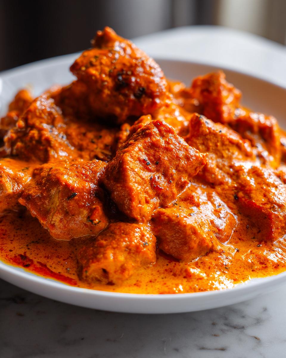 Close-up of tender chicken pieces smothered in a rich, vibrant orange sauce, characteristic of butter chicken.