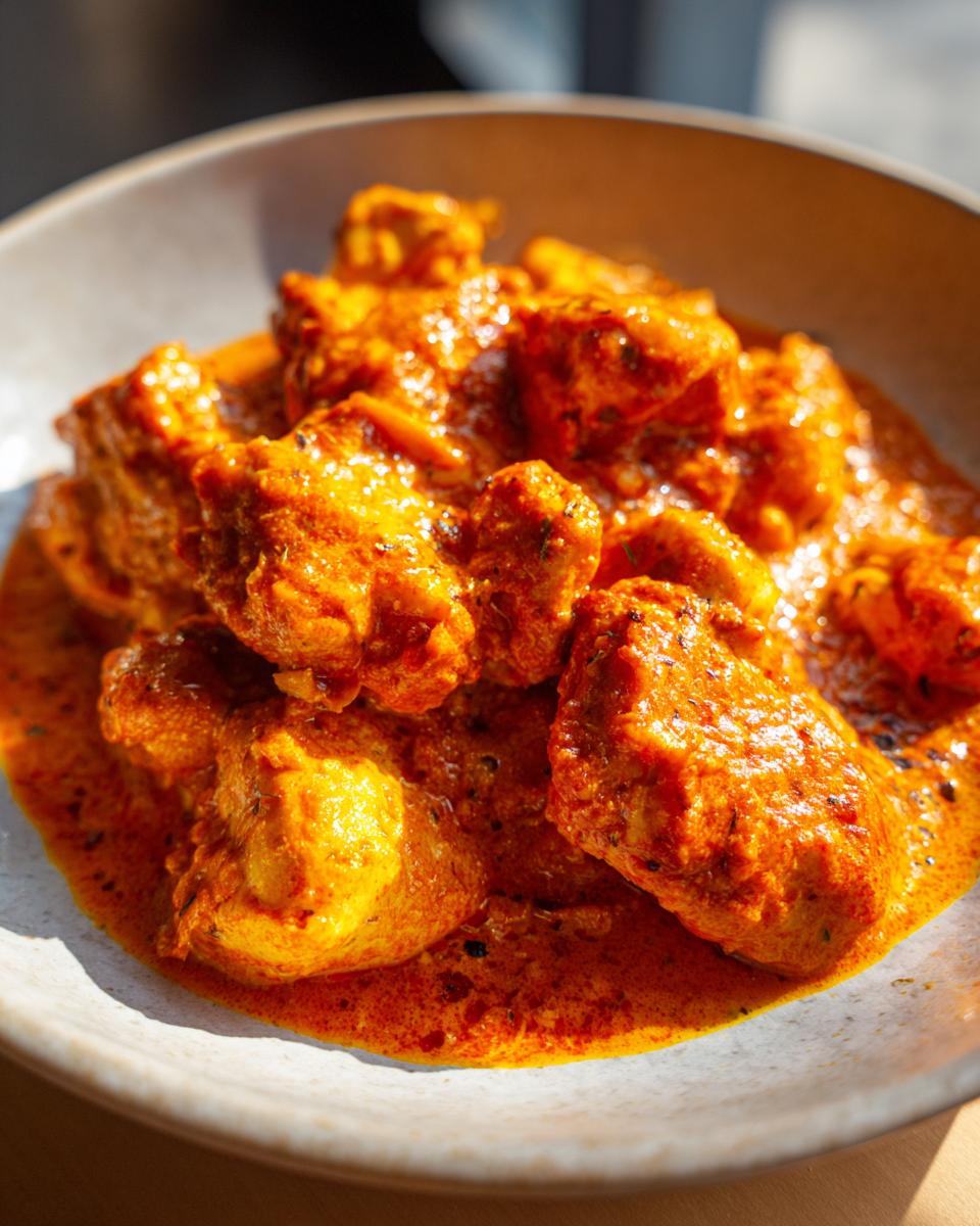 Close-up shot of tender chicken pieces coated in a vibrant orange, creamy sauce, showcasing the delicious butter chicken.