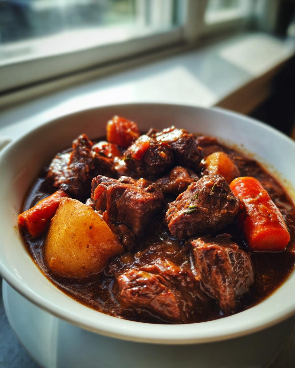 Close-up of tender beef chunks, potatoes, and carrots in a rich gravy, perfect for crockpot beef stew.