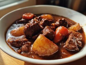 Close-up of tender beef chunks, potatoes, and carrots in a rich gravy, ready to eat crockpot beef stew.