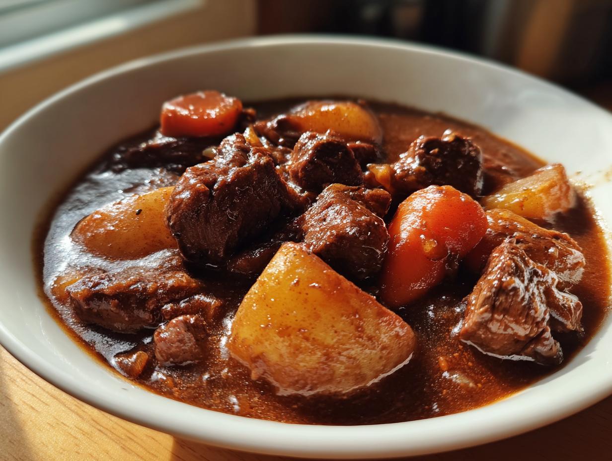Close-up of tender beef chunks, potatoes, and carrots in a rich gravy, ready to eat crockpot beef stew.
