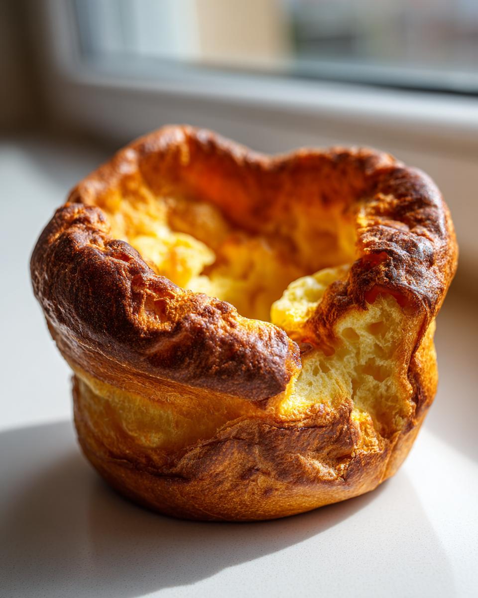 A single, golden-brown, perfectly risen yorkshire pudding sitting on a white surface near a window.