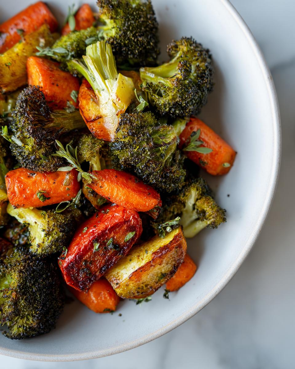 Close-up of perfectly seasoned and charred roasted vegetables, including bright orange carrots and dark green broccoli florets.
