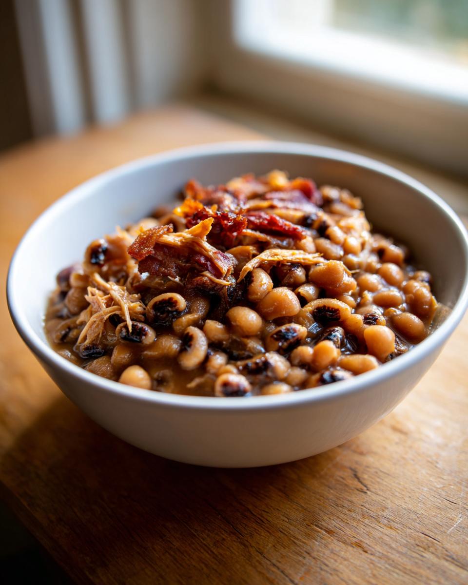A close-up of a white bowl filled with saucy black eyed peas, topped with shredded meat and crispy bacon.
