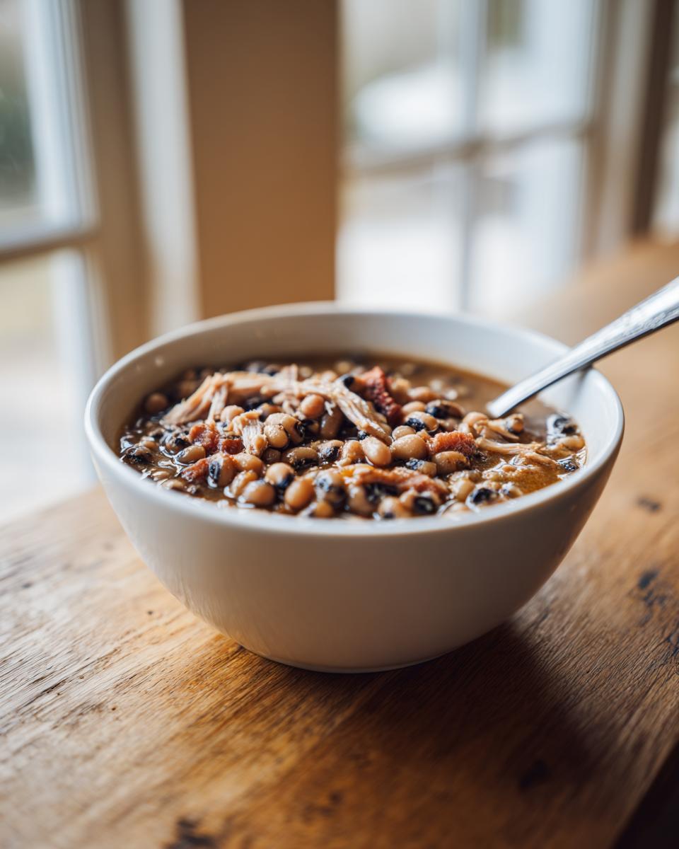 A white bowl filled with savory black eyed peas, topped with shredded meat and bacon bits, resting on a wooden surface.