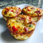 Three golden-brown, baked Egg Muffin Cups topped with melted cheese, bacon, and red pepper pieces.