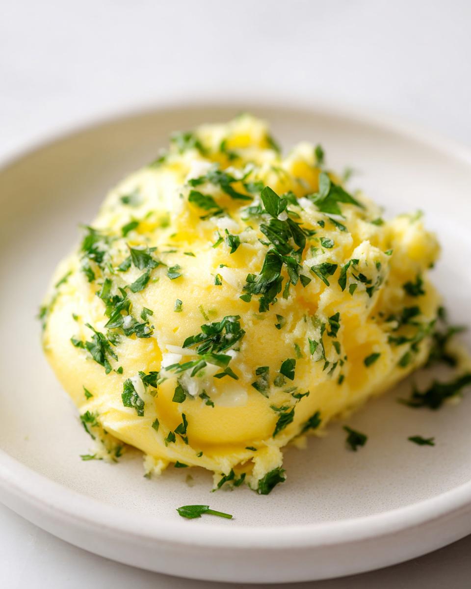 A scoop of bright yellow homemade garlic butter mixed with minced garlic and topped generously with chopped fresh parsley.