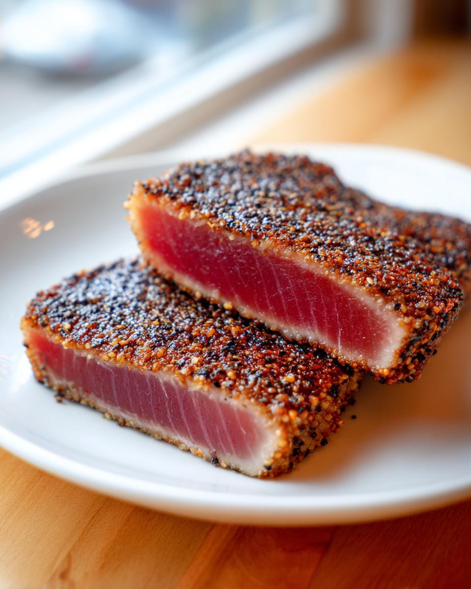 Two halves of perfectly seared ahi tuna, crusted with pepper and spices, showing a rare, bright red center.