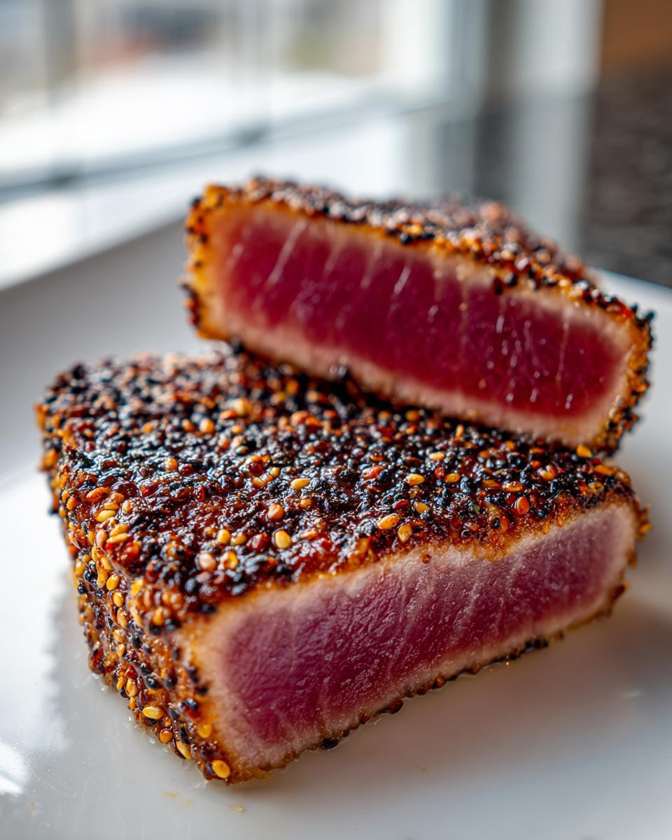 Two cross-sections of perfectly seared ahi tuna, showing a bright red center and a thick, dark sesame seed crust.