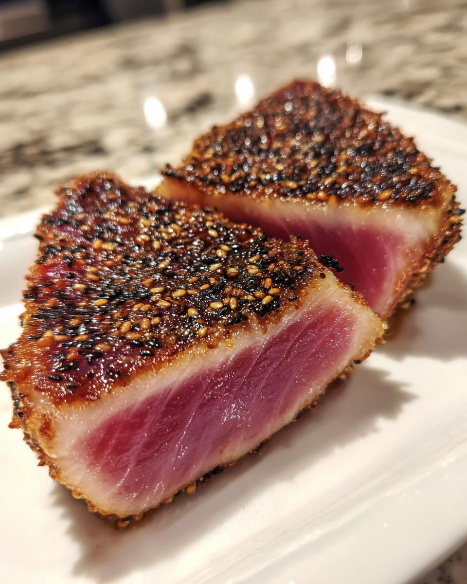 Close-up of perfectly seared Ahi Tuna, crusted with sesame seeds and rare pink center.