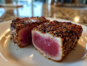 Two thick slices of perfectly seared ahi tuna, showing a deep pink rare center and a thick sesame seed crust.