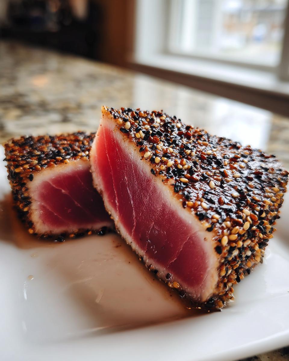 Two slices of perfectly cooked Seared Ahi Tuna showing a bright red center and a thick sesame seed crust.