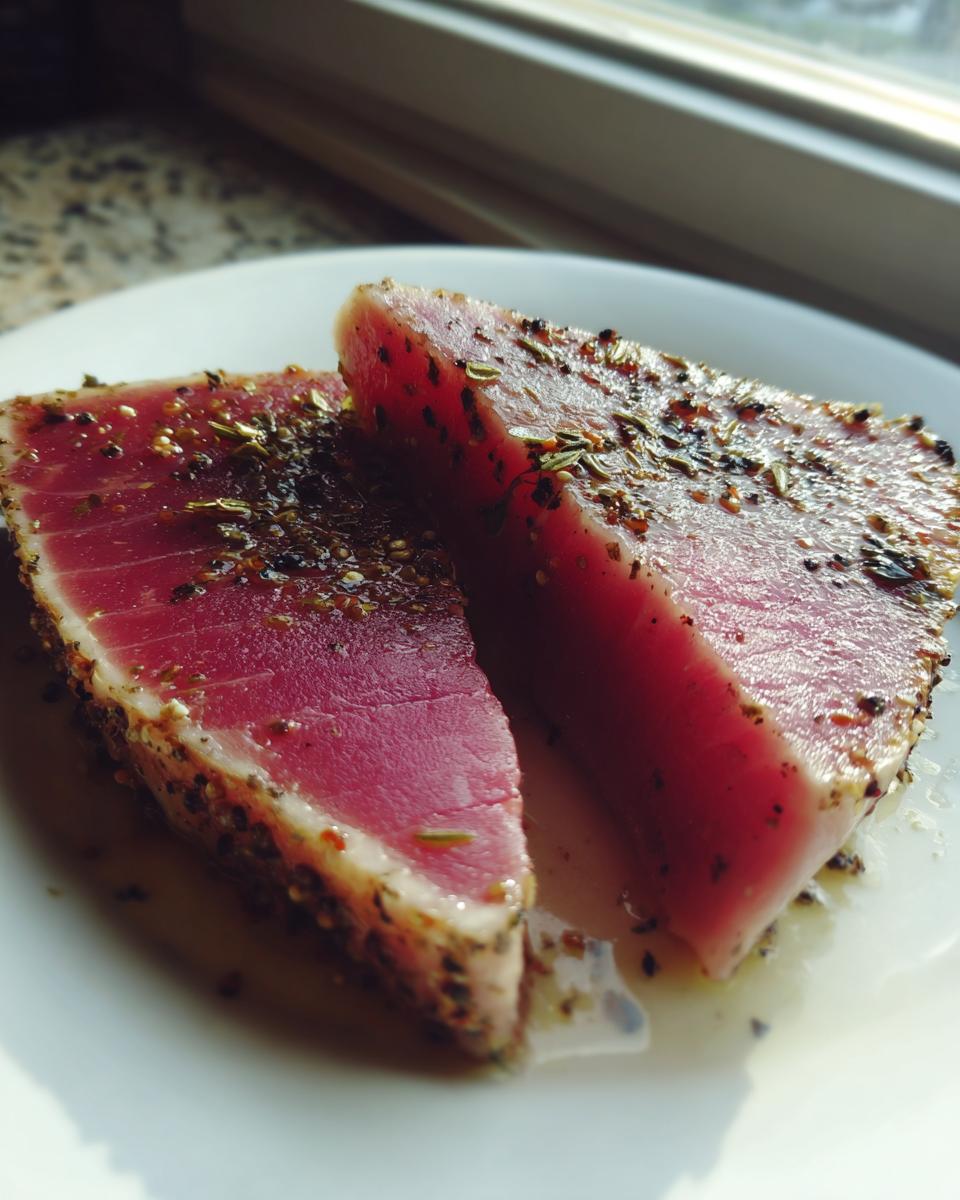 Two thick slices of seared, rare tuna steak covered in a dark herb crust, likely after using a MARINADE FOR TUNA STEAK.