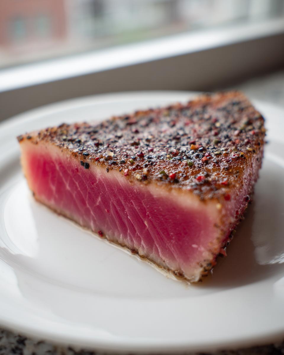 Close-up of a perfectly seared tuna steak, rare in the center, coated in a colorful peppercorn crust, ideal for MARINADE FOR TUNA STEAK.