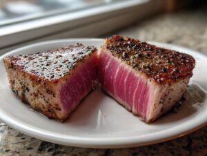 Two halves of a perfectly seared tuna steak, showing a bright pink rare center, seasoned with a spice rub, ideal for MARINADE FOR TUNA STEAK.