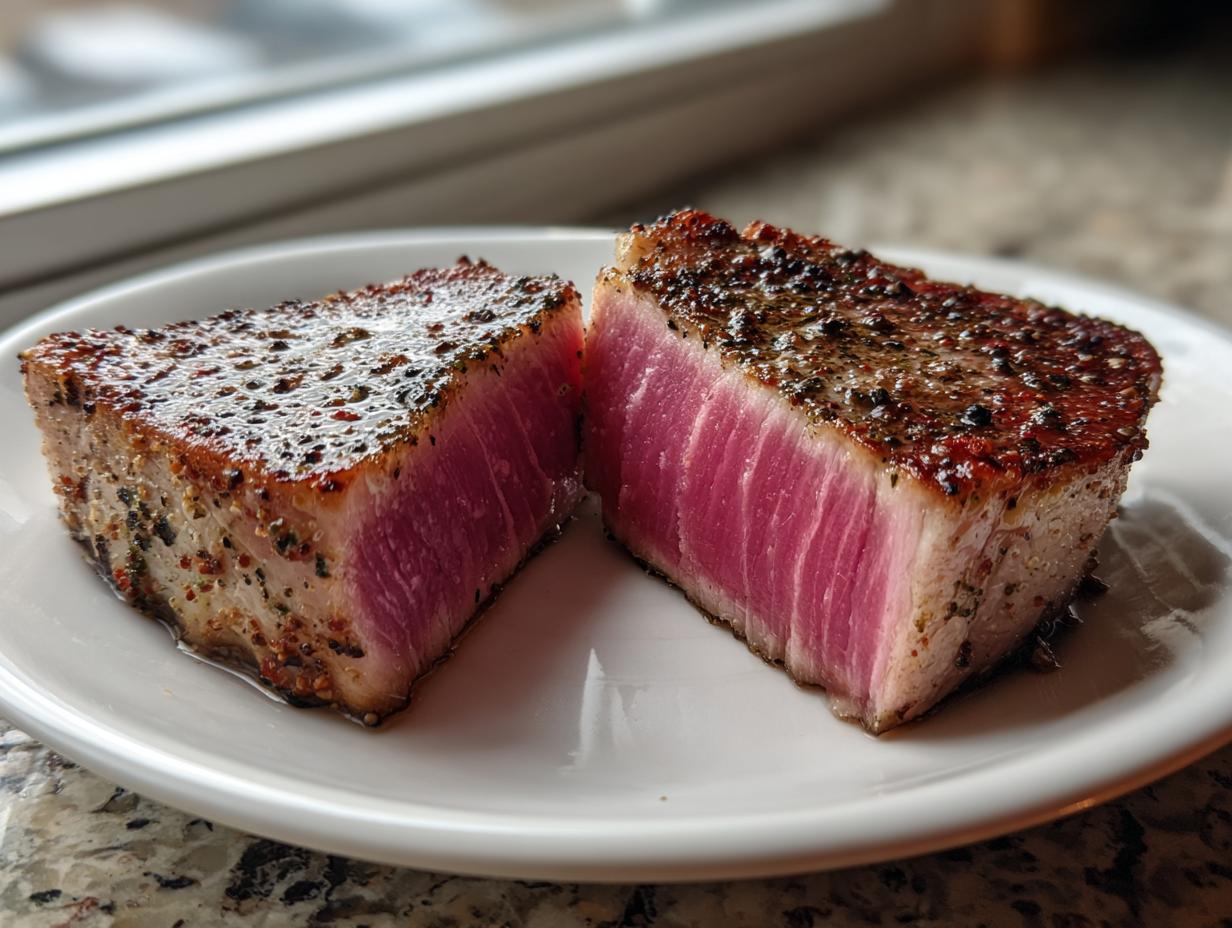 Two halves of a perfectly seared tuna steak, showing a bright pink rare center, seasoned with a spice rub, ideal for MARINADE FOR TUNA STEAK.