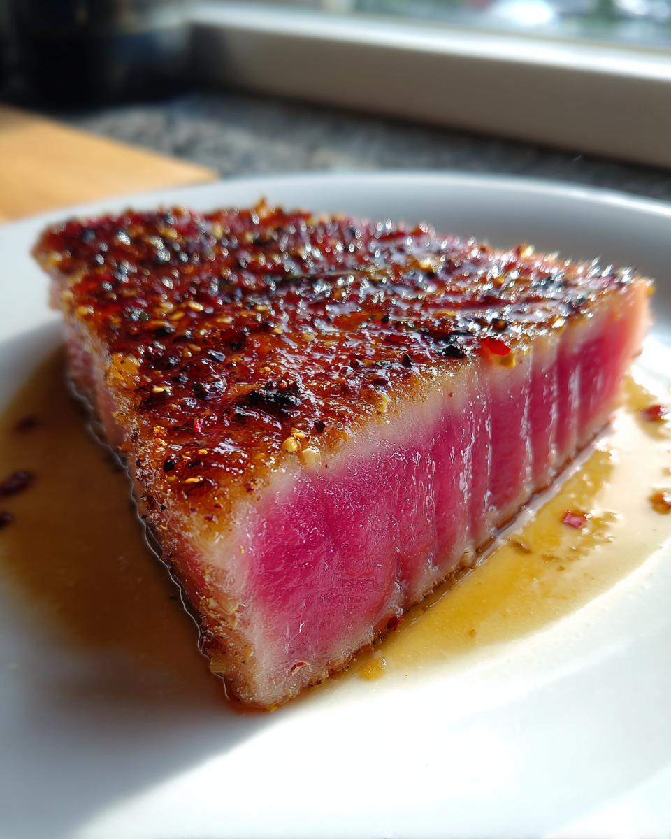 Close-up of a rare, seared tuna steak showing bright pink center and a flavorful crust, sitting in a pool of marinade.